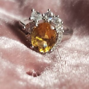Natural Yellow Sapphire-Unique Asymmetric Halo Setting- Size 7